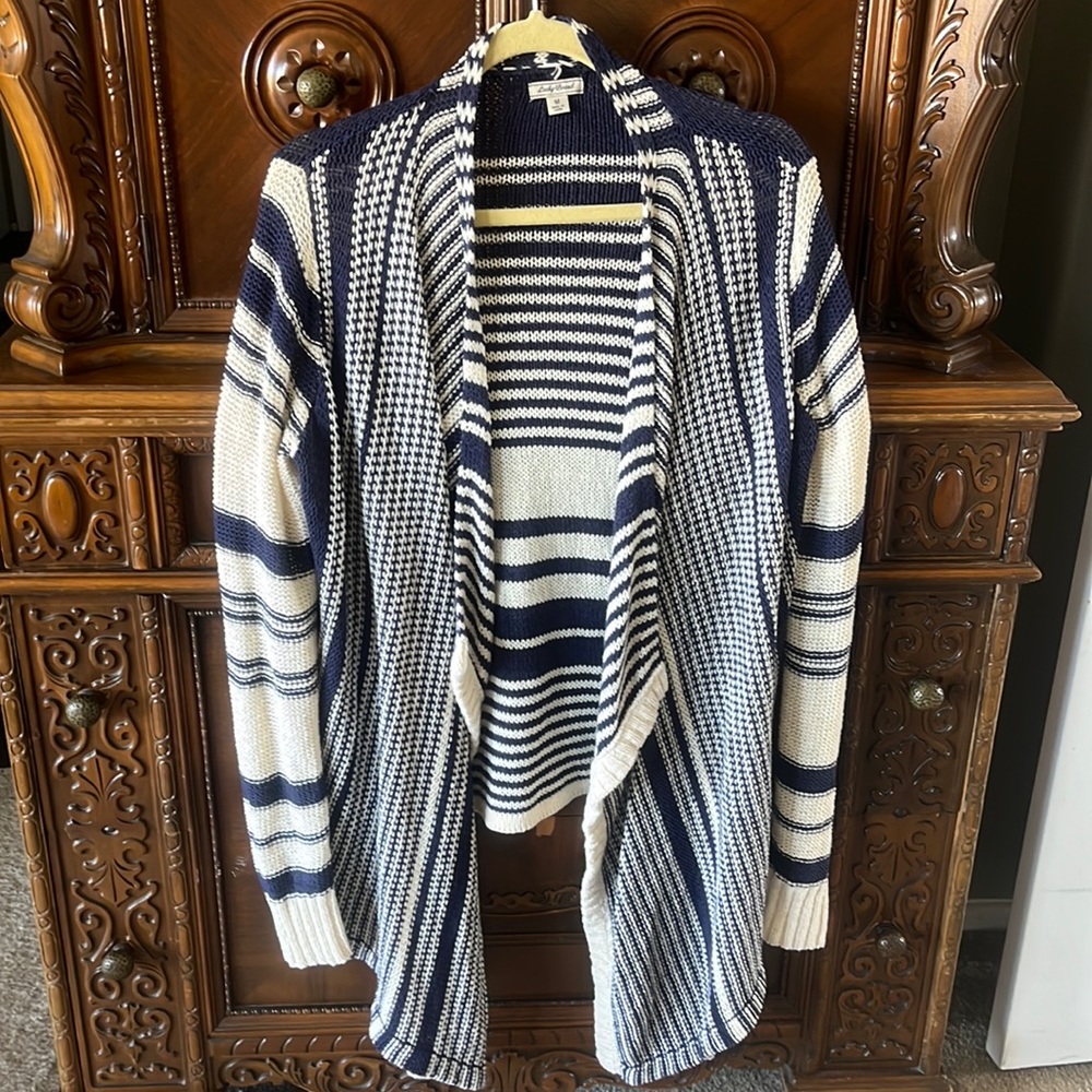 Lucky Brand Navy White open front lose knit fisherman nautical slouchy cardigan